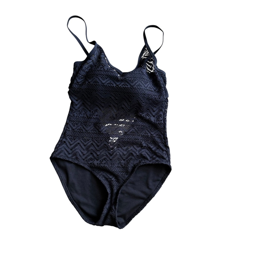 Bongo One Piece Swimsuit Womens Small Black Crochet Lace V-Neck Padded Strappy